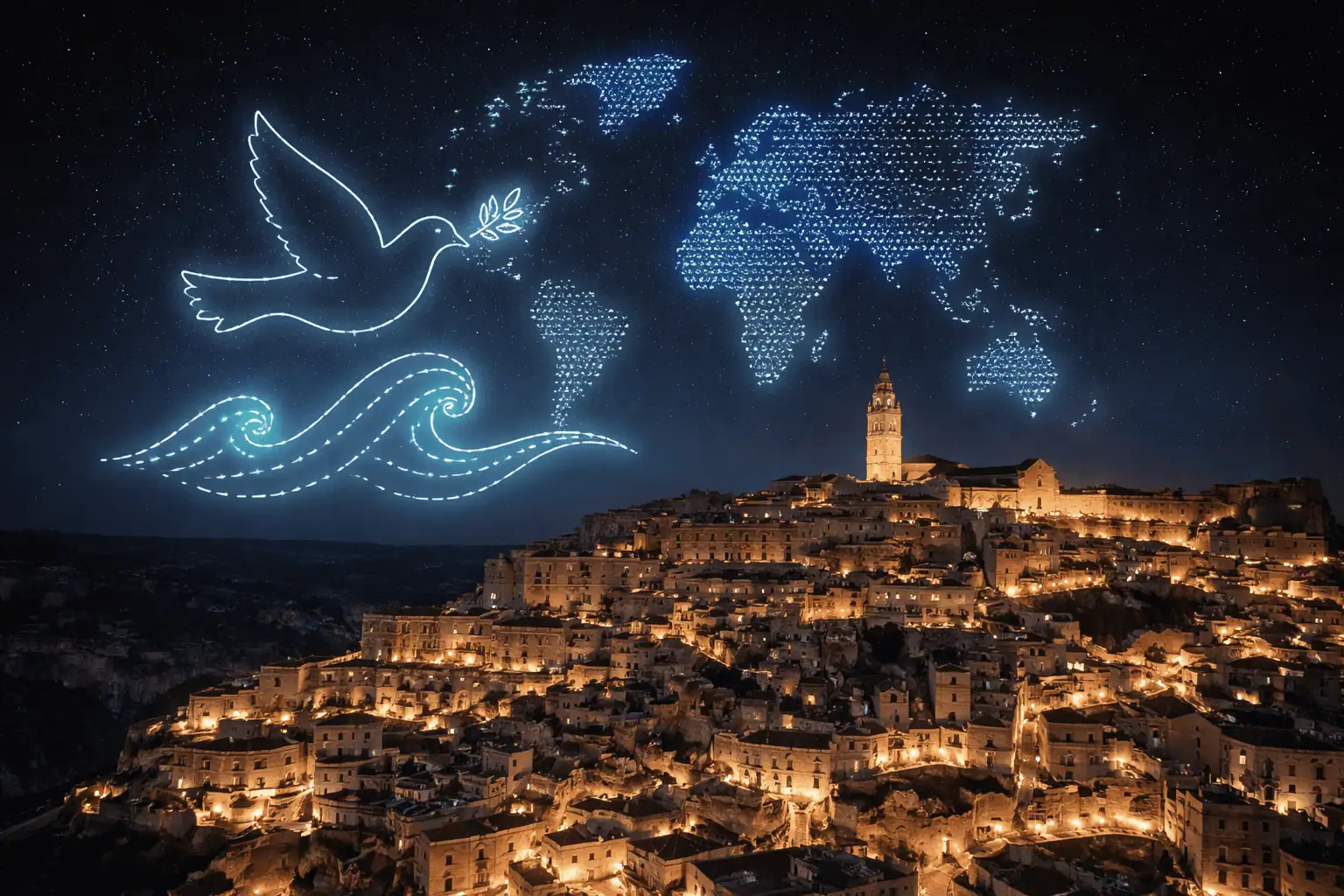 Drone show a Matera 2026: spettacolo di luci nei cieli dei Sassi per la Capitale Mediterranea della Cultura