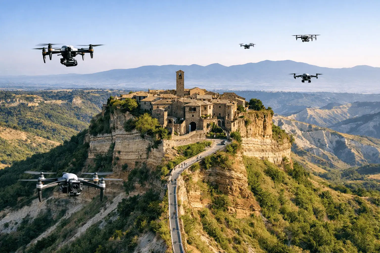 Decine di droni in volo per creare il modello 3D di Civita di Bagnoregio: il progetto tra Croce Rossa e Ispra