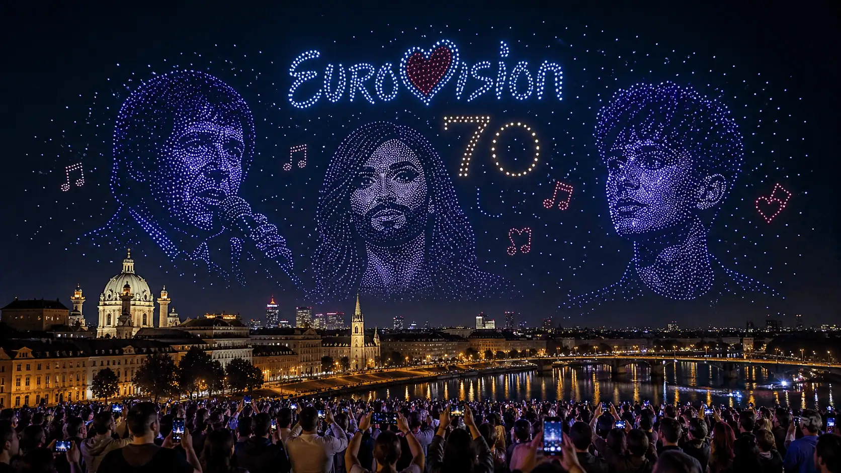 Tremila droni illuminano Vienna per i 70 anni dell’Eurovision Song Contest: show storico nei cieli della capitale austriaca