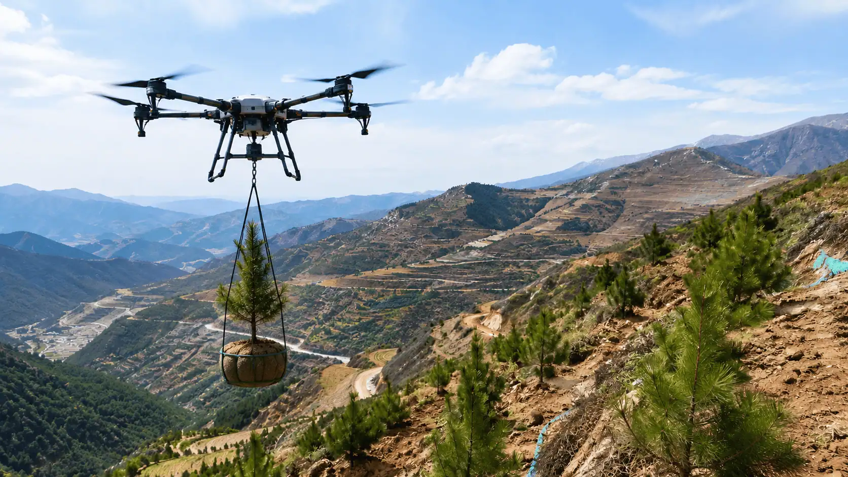 Cina, droni in azione per il rimboschimento nel Gansu: la tecnologia trasforma le montagne aride in foreste verdi