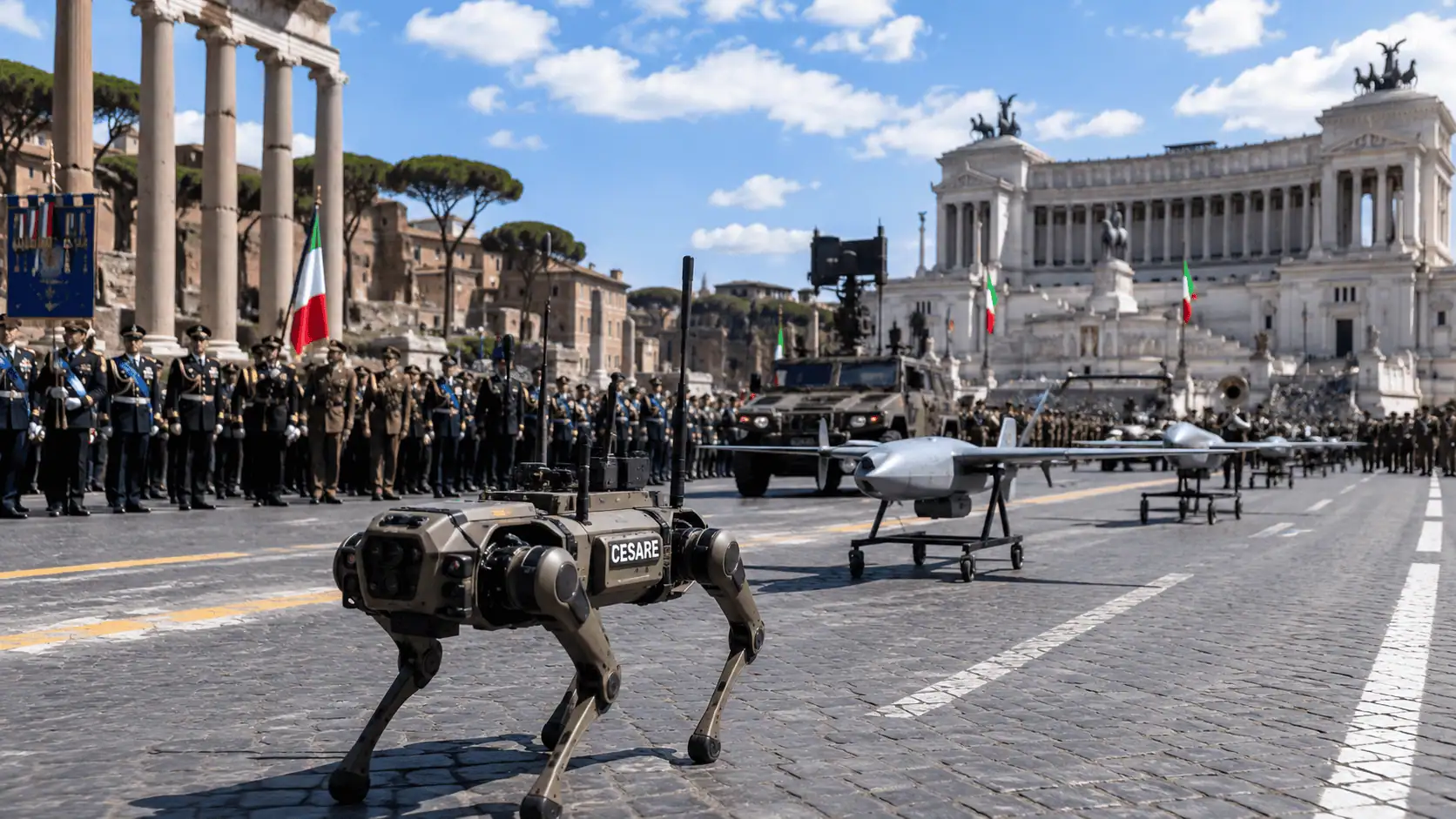 Parata del 2 Giugno ai Fori Imperiali: droni, cani robot e tecnologie anti-drone mostrano il nuovo volto delle Forze Armate