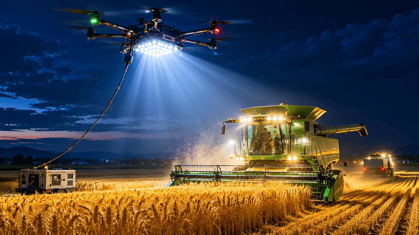 I droni illuminano i campi cinesi per la mietitura notturna: la raccolta del grano non si ferma più
