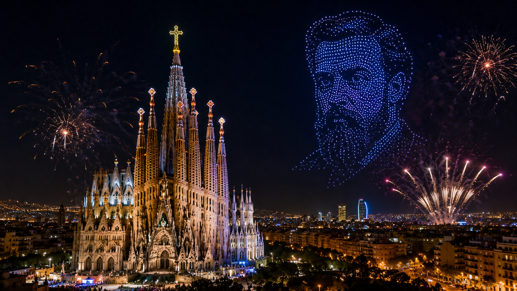 Sagrada Familia, i droni disegnano il volto di Gaudí nel cielo di Barcellona durante l'inaugurazione della Torre di Cristo