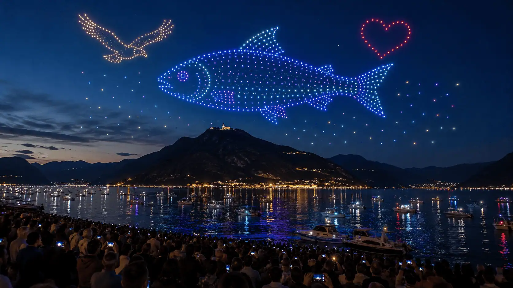 Monte Isola incanta il lago d’Iseo: oltre 1.500 spettatori per lo spettacolo dei droni dedicato alla fauna lacustre