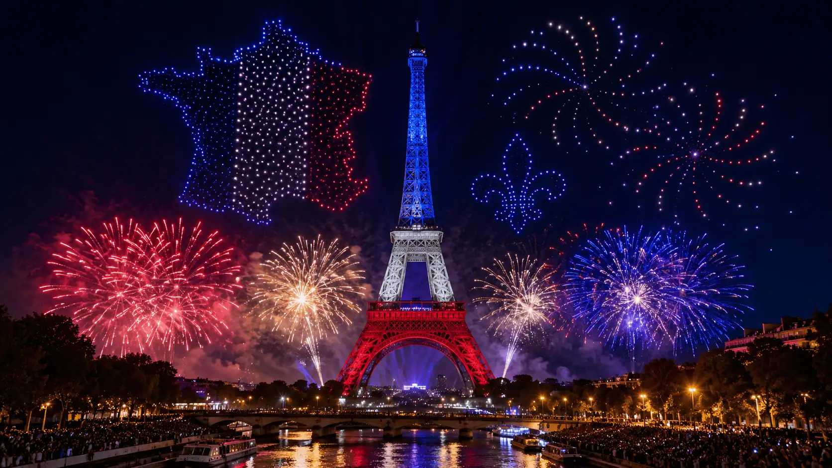 Parigi, spettacolare show di droni e fuochi d'artificio illumina la Torre Eiffel per la Festa Nazionale
