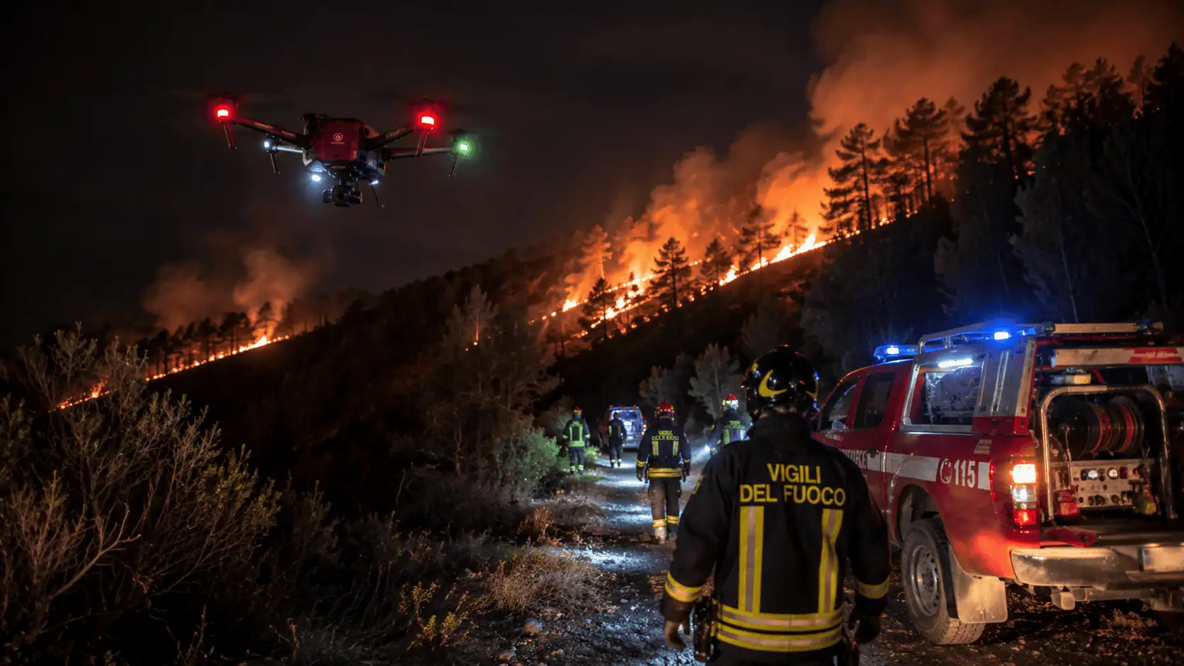Incendio boschivo a Canossa: droni in volo per supportare i vigili del fuoco nelle operazioni notturne
