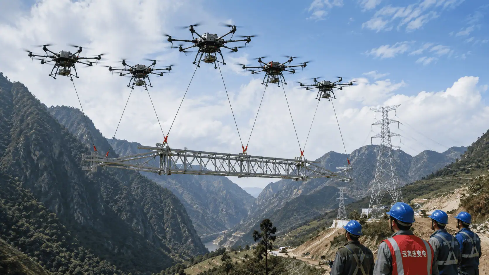 Cina, sei droni sollevano 780 kg nello Yunnan: trasportato un componente della rete elettrica