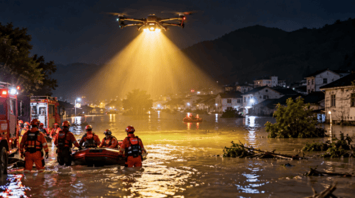 Droni, la luce dorata illumina i soccorsi durante le alluvioni in Cina