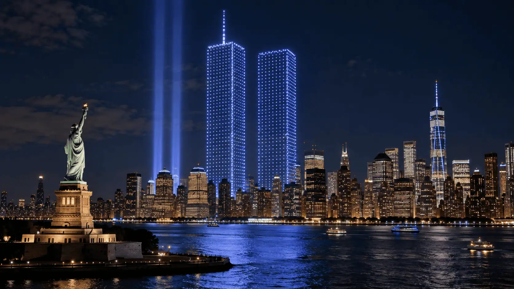 11 settembre, 2.977 droni ricreano le Torri Gemelle nel cielo di New York