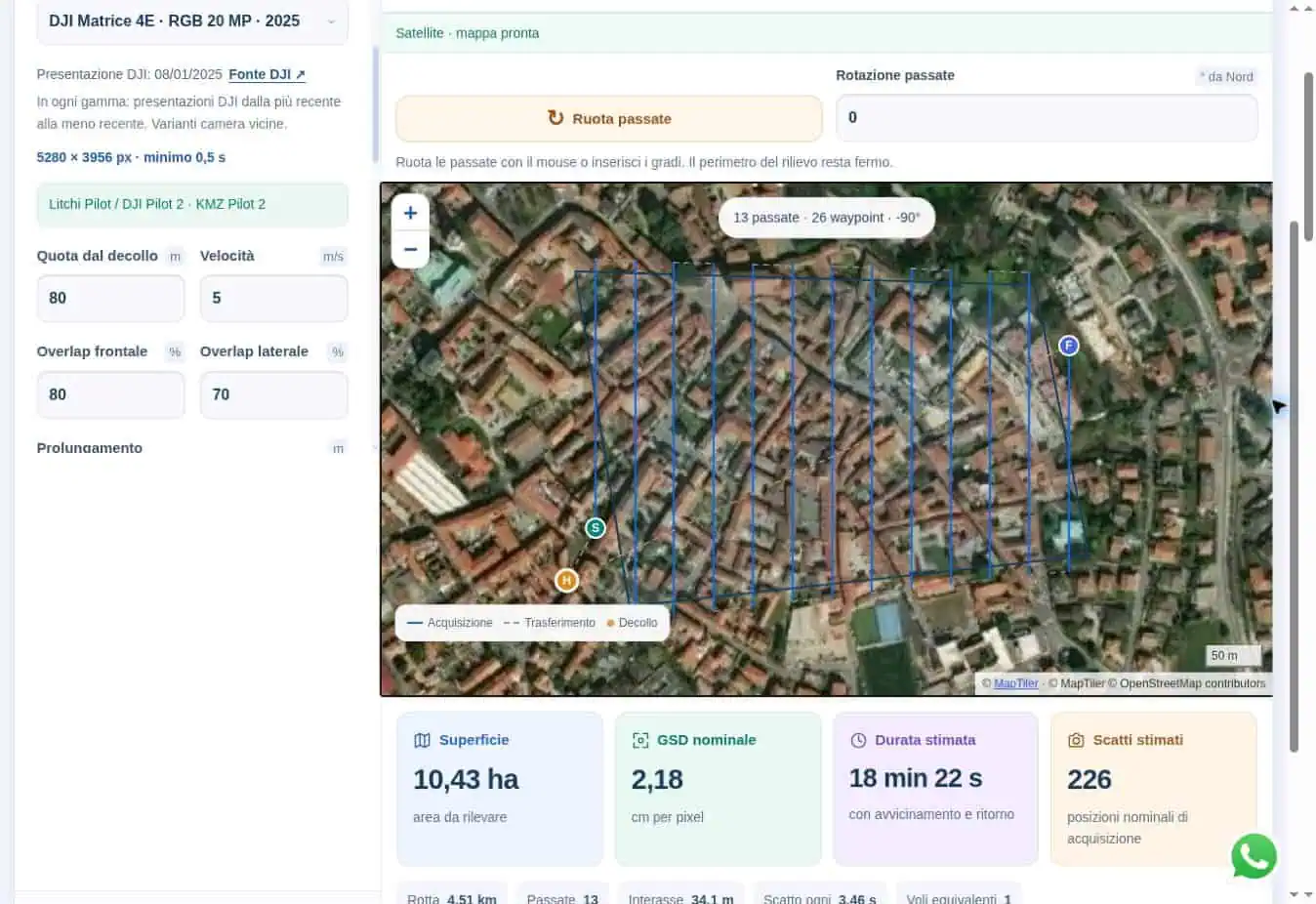 EMOTRAXIS con DJI Matrice 4E: area sulla mappa satellitare, GSD e stime del rilievo.
